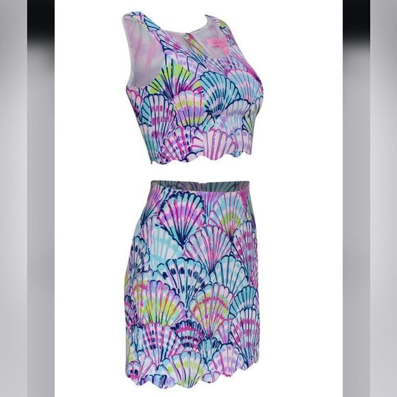 Lilly Pulitzer Oh Shello Colorful 2 Piece Shell Print Scalloped Hem Crop Set - Picture 3 of 15